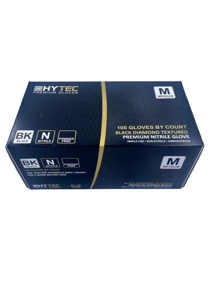 Hytec Black Diamond Textured Nitrile Gloves, Powder Free - S, M, L, XL, XX, Carton of 10 Packs