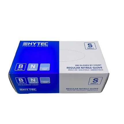 Hytec Blue Regular Nitrile Gloves, Powder Free - XS, S, M, L, XL, 200 Gloves/Pack, Carton of 10 Packs