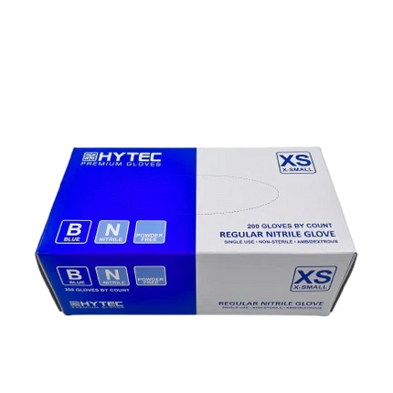 Hytec Blue Regular Nitrile Gloves, Powder Free - XS, S, M, L, XL, 200 Gloves/Pack, Carton of 10 Packs