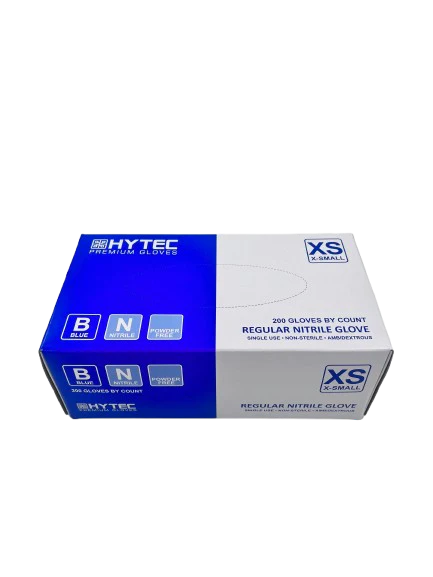 Hytec Blue Regular Nitrile Gloves, Powder Free - XS, S, M, L, XL, 200 Gloves/Pack, Carton of 10 Packs