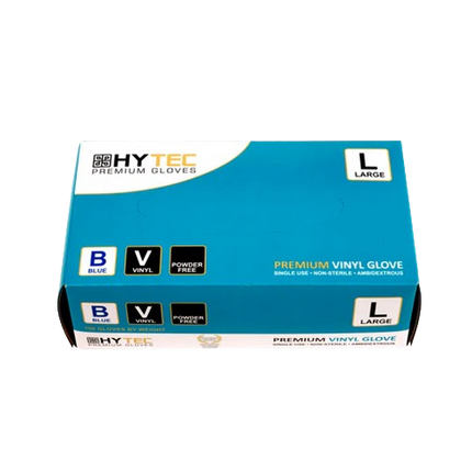 Hytec Blue Vinyl Gloves, Powder Free - S, M, L, XL, 100 Gloves/Pack, Carton of 10 Packs