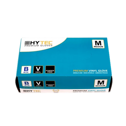 Hytec Blue Vinyl Gloves, Powder Free - S, M, L, XL, 100 Gloves/Pack, Carton of 10 Packs