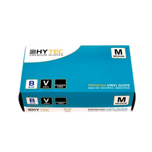 Hytec Blue Vinyl Gloves, Powder Free - S, M, L, XL, 100 Gloves/Pack, Carton of 10 Packs