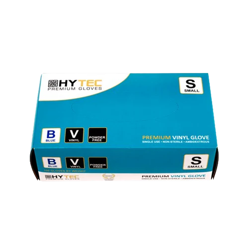 Hytec Blue Vinyl Gloves, Powder Free - S, M, L, XL, 100 Gloves/Pack, Carton of 10 Packs