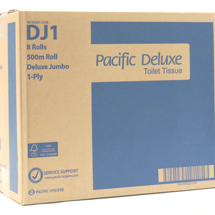 Pacific Deluxe Jumbo Toilet Roll 1-Ply - 500m/Roll, Carton of 8 Rolls