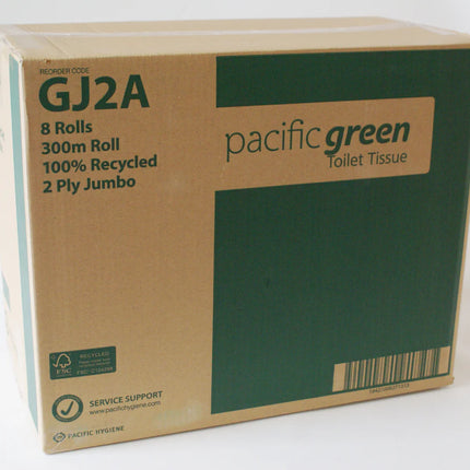 Pacific Green Recycled Jumbo Toilet Roll 2-Ply - 300m/Roll, Carton of 8 Rolls