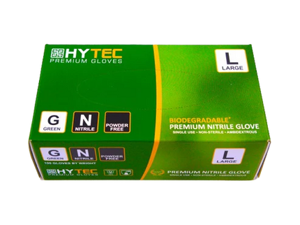 Hytec Green Nitrile Gloves, Powder Free, Biodegradable - XS, S, M, L, XL, 100 Gloves/Pack, Carton of 10 Packs