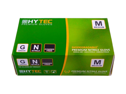 Hytec Green Nitrile Gloves, Powder Free, Biodegradable - XS, S, M, L, XL, 100 Gloves/Pack, Carton of 10 Packs
