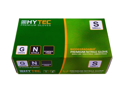 Hytec Green Nitrile Gloves, Powder Free, Biodegradable - XS, S, M, L, XL, 100 Gloves/Pack, Carton of 10 Packs