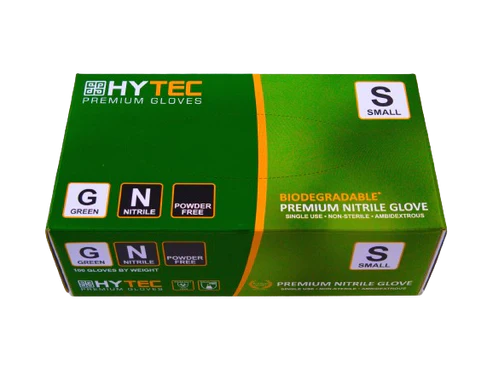 Hytec Green Nitrile Gloves, Powder Free, Biodegradable - XS, S, M, L, XL, 100 Gloves/Pack, Carton of 10 Packs