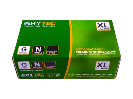 Hytec Green Nitrile Gloves, Powder Free, Biodegradable - XS, S, M, L, XL, 100 Gloves/Pack, Carton of 10 Packs