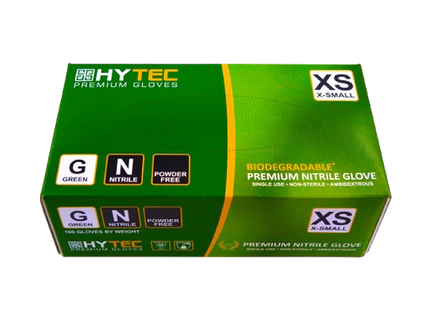 Hytec Green Nitrile Gloves, Powder Free, Biodegradable - XS, S, M, L, XL, 100 Gloves/Pack, Carton of 10 Packs