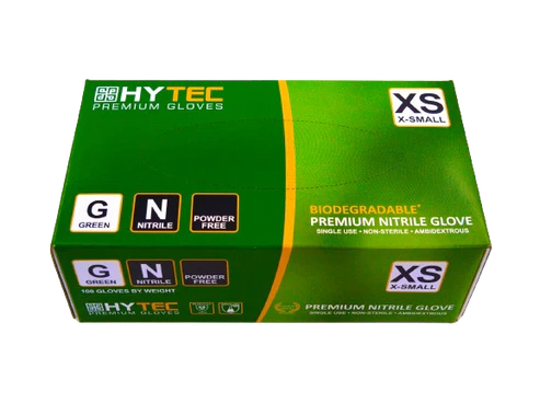 Hytec Green Nitrile Gloves, Powder Free, Biodegradable - XS, S, M, L, XL, 100 Gloves/Pack, Carton of 10 Packs