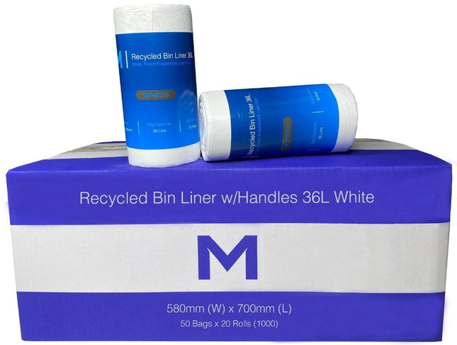 Recycled Bin Liners 36L White, 50 Bags/Roll - Carton of 29 Packs