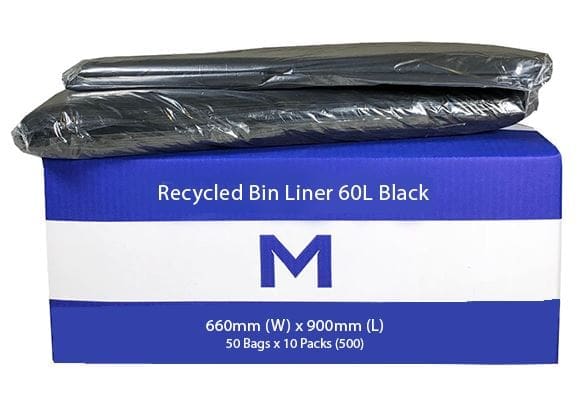Recycled Bin Liners 60L Black, 50 Bags/Pack - Carton of 9 Packs