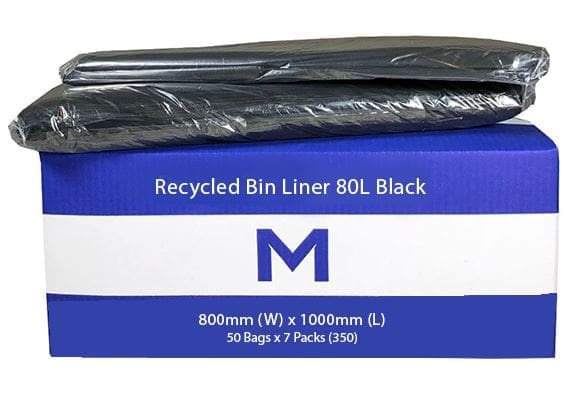 Recycled Bin Liners 80L Black, 50 Bags/Pack - Carton of 7 Packs