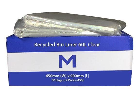 Recycled Bin Liners Clear 60L - 50 Bags/Pack, Carton of 9 Packs
