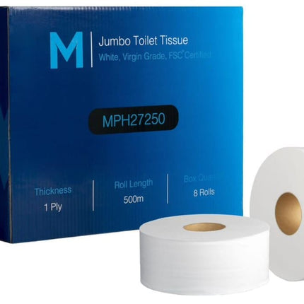Virgin Jumbo Toilet Tissue Boxed White 1 Ply 500m, Carton of 8 Rolls