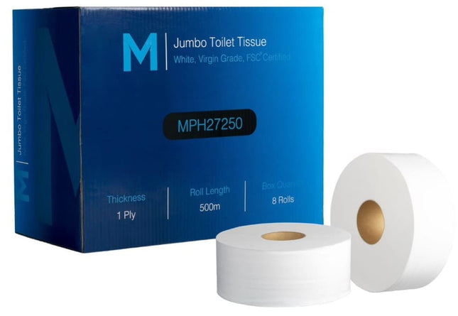 Virgin Jumbo Toilet Tissue Boxed White 1 Ply 500m, Carton of 8 Rolls