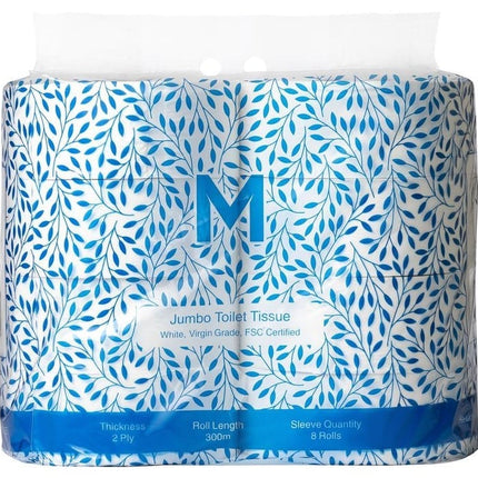 Virgin Jumbo Toilet Tissue Pack White 2 Ply 300m, Carton of 8 Rolls
