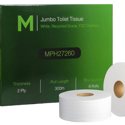 Recycled Jumbo Toilet Tissue Boxed White 2 Ply 300m, Carton of 8 Rolls