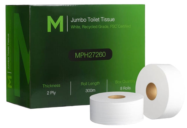 Recycled Jumbo Toilet Tissue Boxed White 2 Ply 300m, Carton of 8 Rolls