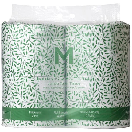 Recycled Jumbo Toilet Tissue Pack White 2 Ply 300m, Carton of 8 Rolls
