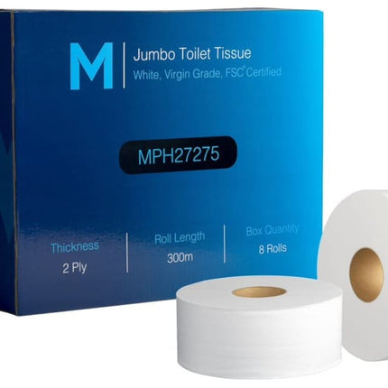 Virgin Jumbo Toilet Tissue Boxed White 2 Ply 300m, Carton of 8 Rolls