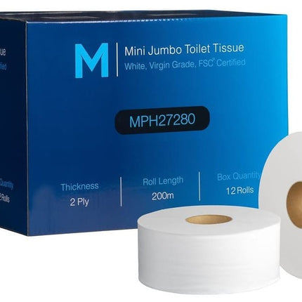 Mini Jumbo Toilet Tissue Boxed White 2 Ply 200m, Carton of 12 Rolls