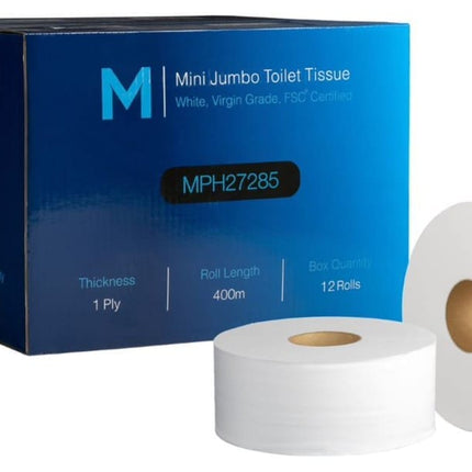 Mini Jumbo Toilet Tissue Boxed White 1 Ply 400m, Carton of 12 Rolls