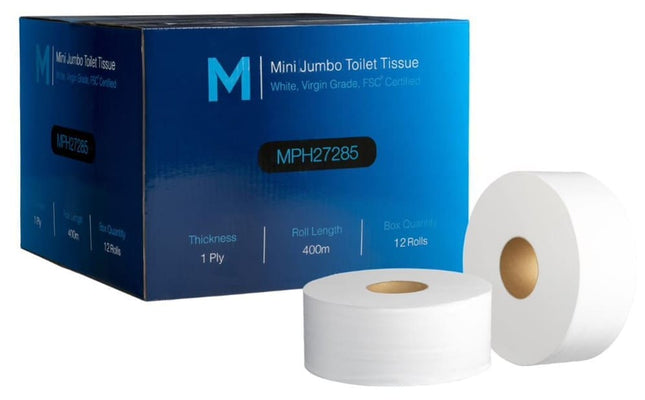 Mini Jumbo Toilet Tissue Boxed White 1 Ply 400m, Carton of 12 Rolls