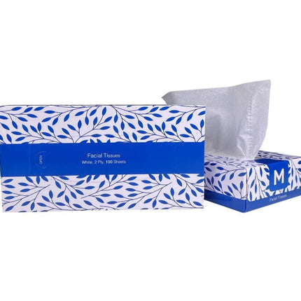 Flat Facial Tissues - White, 2 Ply, 100 Sheets/Pack, Carton of 48 Packs
