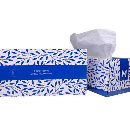 Flat Facial Tissues - White, 2 Ply, 200 Sheets/Pack, Carton of 24 Packs