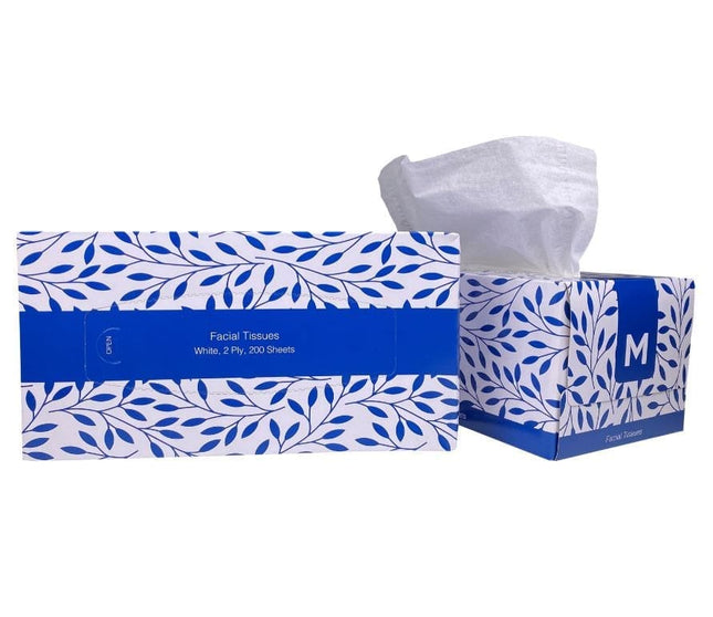 Flat Facial Tissues - White, 2 Ply, 200 Sheets/Pack, Carton of 24 Packs