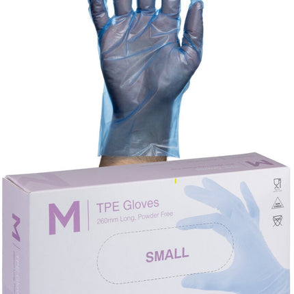 TPE Powder Free 200 Clear/Blue Gloves- S, M, L, XL, 200 Gloves/Pack, Carton of 10 Packs