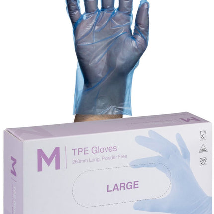TPE Powder Free 200 Clear/Blue Gloves- S, M, L, XL, 200 Gloves/Pack, Carton of 10 Packs