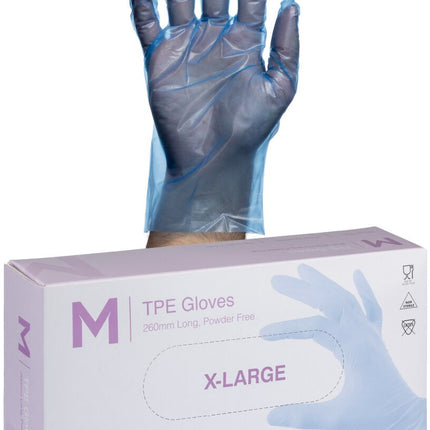 TPE Powder Free 200 Clear/Blue Gloves- S, M, L, XL, 200 Gloves/Pack, Carton of 10 Packs
