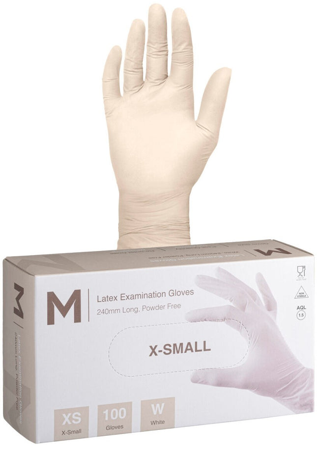Latex Examination Gloves Powder Free White - XS, S, M, L, XL, 100 Gloves/Pack, Carton of 10 Packs