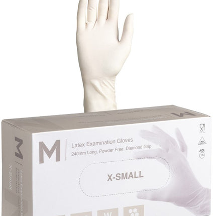 Latex Diamond Grip Examination Gloves Powder Free White - XS, S, M, L, XL, 100 Gloves/Pack, Carton of 10 Packs