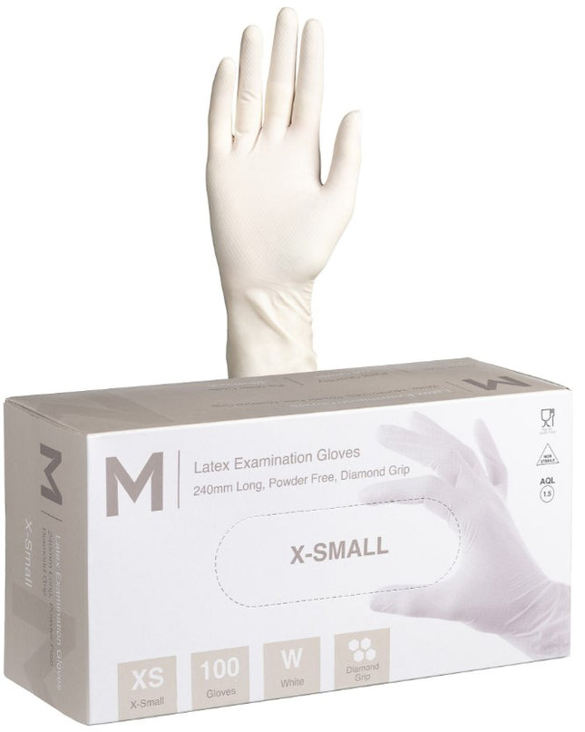 Latex Diamond Grip Examination Gloves Powder Free White - XS, S, M, L, XL, 100 Gloves/Pack, Carton of 10 Packs