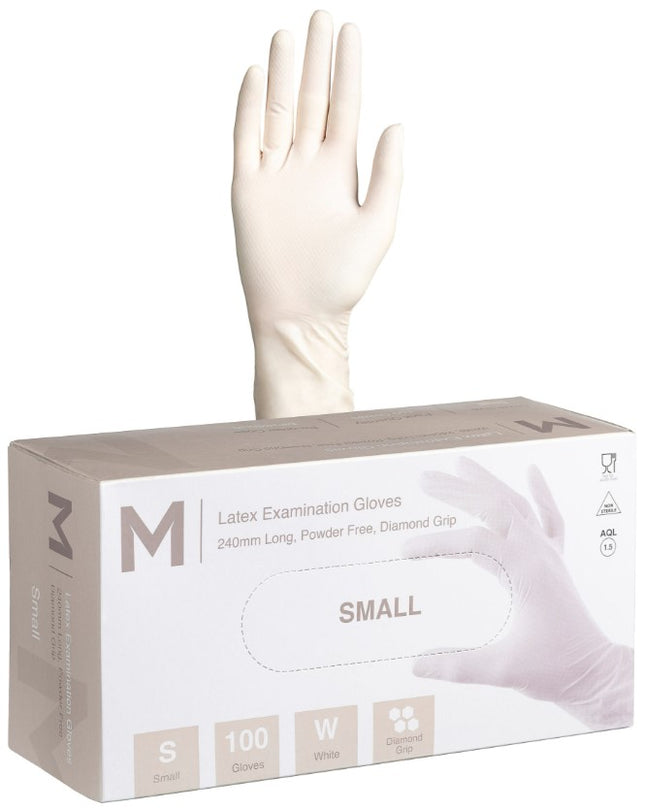 Latex Diamond Grip Examination Gloves Powder Free White - XS, S, M, L, XL, 100 Gloves/Pack, Carton of 10 Packs