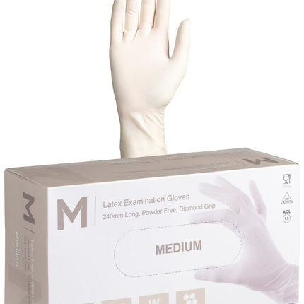Latex Diamond Grip Examination Gloves Powder Free White - XS, S, M, L, XL, 100 Gloves/Pack, Carton of 10 Packs