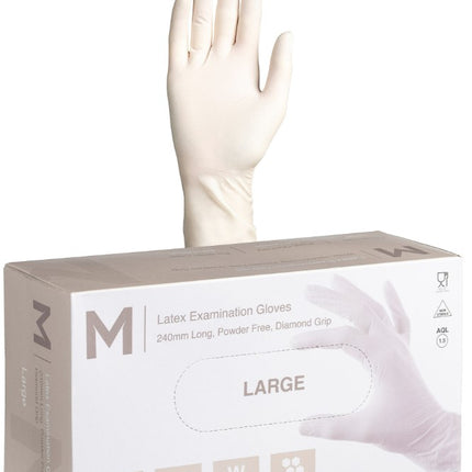 Latex Diamond Grip Examination Gloves Powder Free White - XS, S, M, L, XL, 100 Gloves/Pack, Carton of 10 Packs