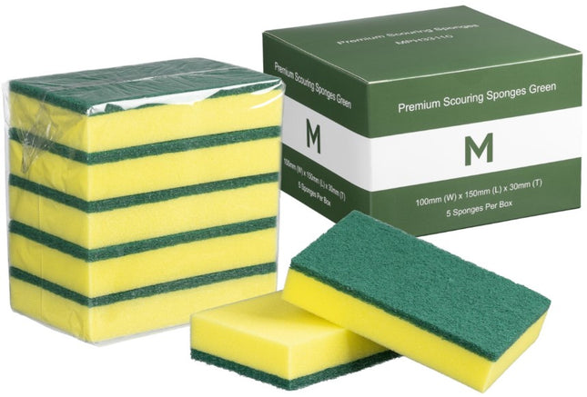 Premium Scouring Sponges 100mm x 150mm x 30mm - Yellow/Green, Yellow/White, Carton of 40 Sponges