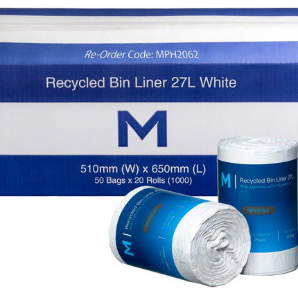 Recycled Bin Liners 27L White, 50 Bags/Roll - Carton of 30 Packs
