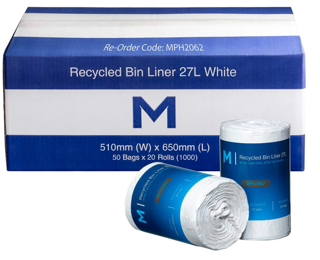 Recycled Bin Liners 27L White, 50 Bags/Roll - Carton of 30 Packs