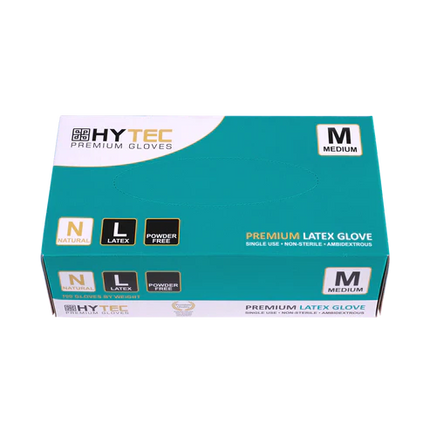 Hytec Natural Latex Gloves, Powder Free - XS, S, M, L, XL, 100 Gloves/Pack, Carton of 10 Packs