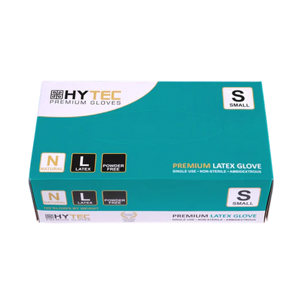 Hytec Natural Latex Gloves, Powder Free - XS, S, M, L, XL, 100 Gloves/Pack, Carton of 10 Packs