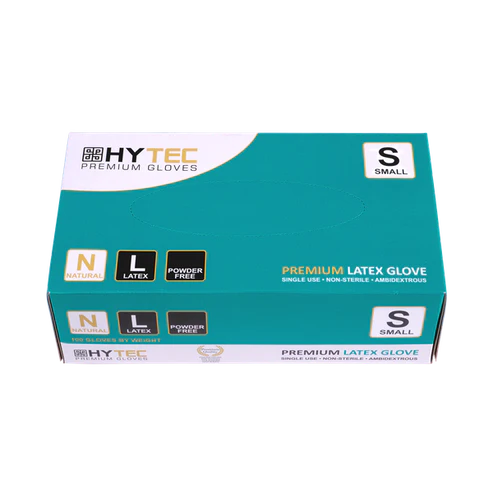 Hytec Natural Latex Gloves, Powder Free - XS, S, M, L, XL, 100 Gloves/Pack, Carton of 10 Packs
