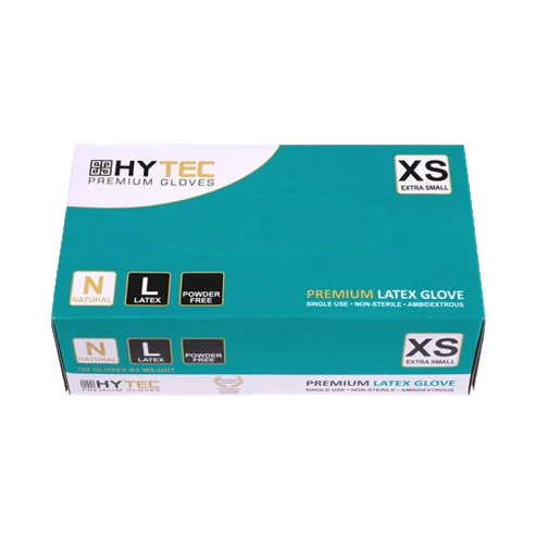 Hytec Natural Latex Gloves, Powder Free - XS, S, M, L, XL, 100 Gloves/Pack, Carton of 10 Packs